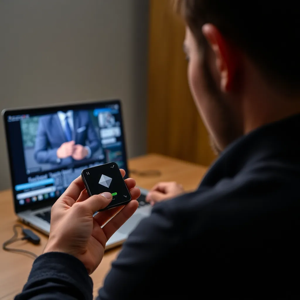 Person holding Trezor device while watching an expert on a laptop screen